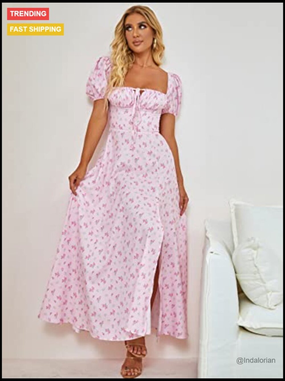 Puff Sleeve Floral Maxi Dress with Lace, Backless, High Slit - Picture 2 of 7